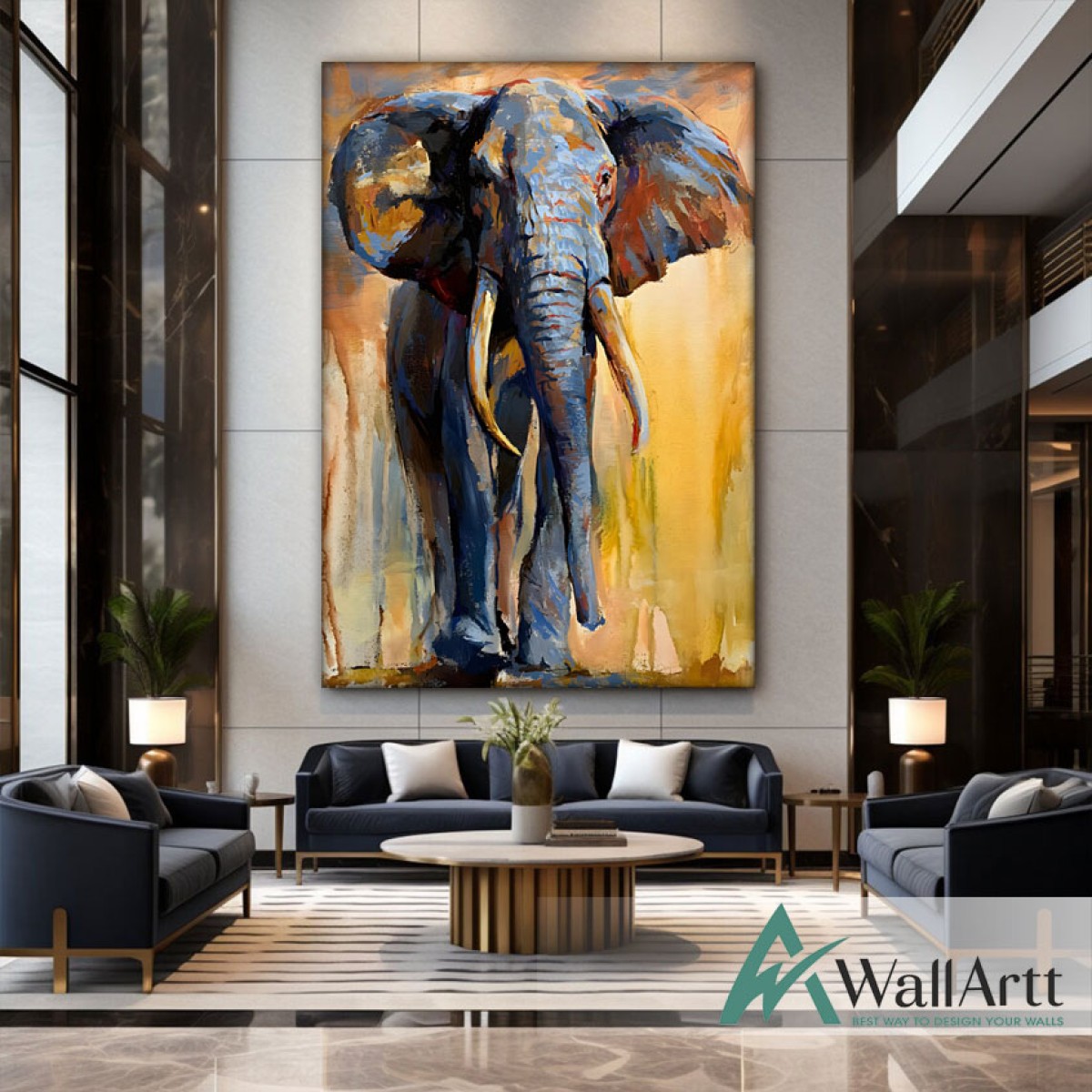 Gold Blue Elephant II 3D Heavy Textured Partial Oil Painting - Wall Art